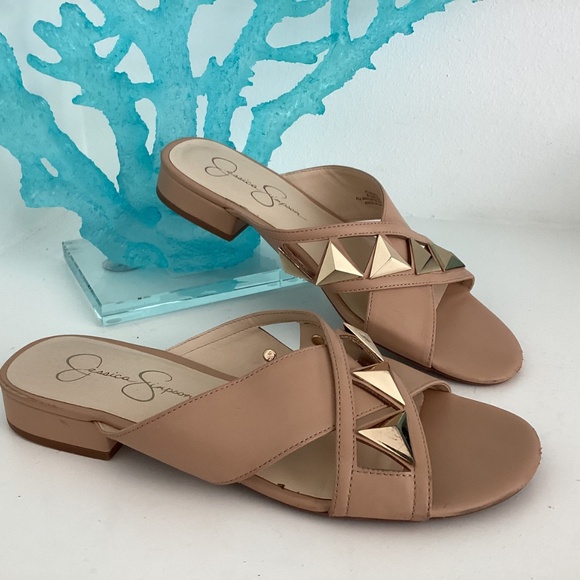 Jessica Simpson Criss Cross Creme Slide Studded Sandals Size 8.5M /39 - Picture 3 of 10